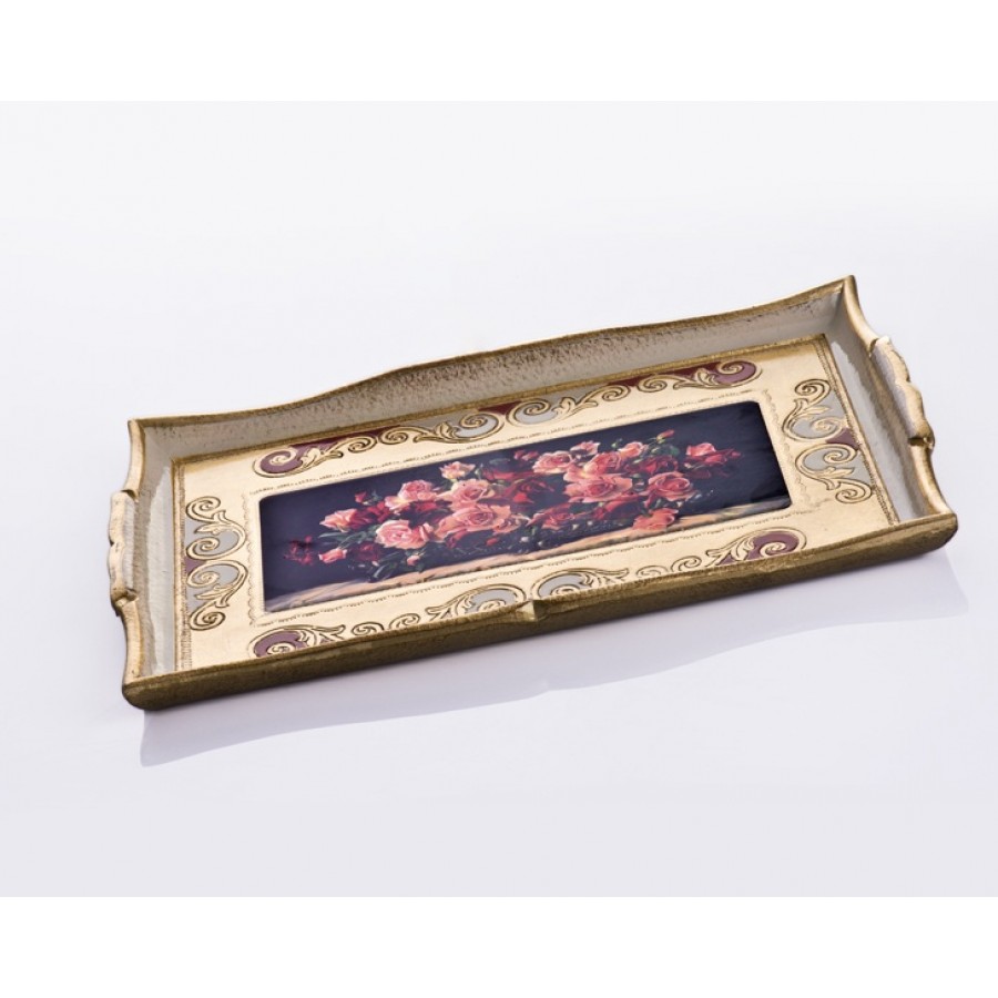 AHD-1830 - Altın Varaklı Kırmızı-Pembe Gül Resimli Tepsi 39*2