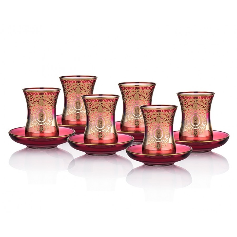 M40-180 - Amber-Kırmızı Altın işlemeli Çay Bardak