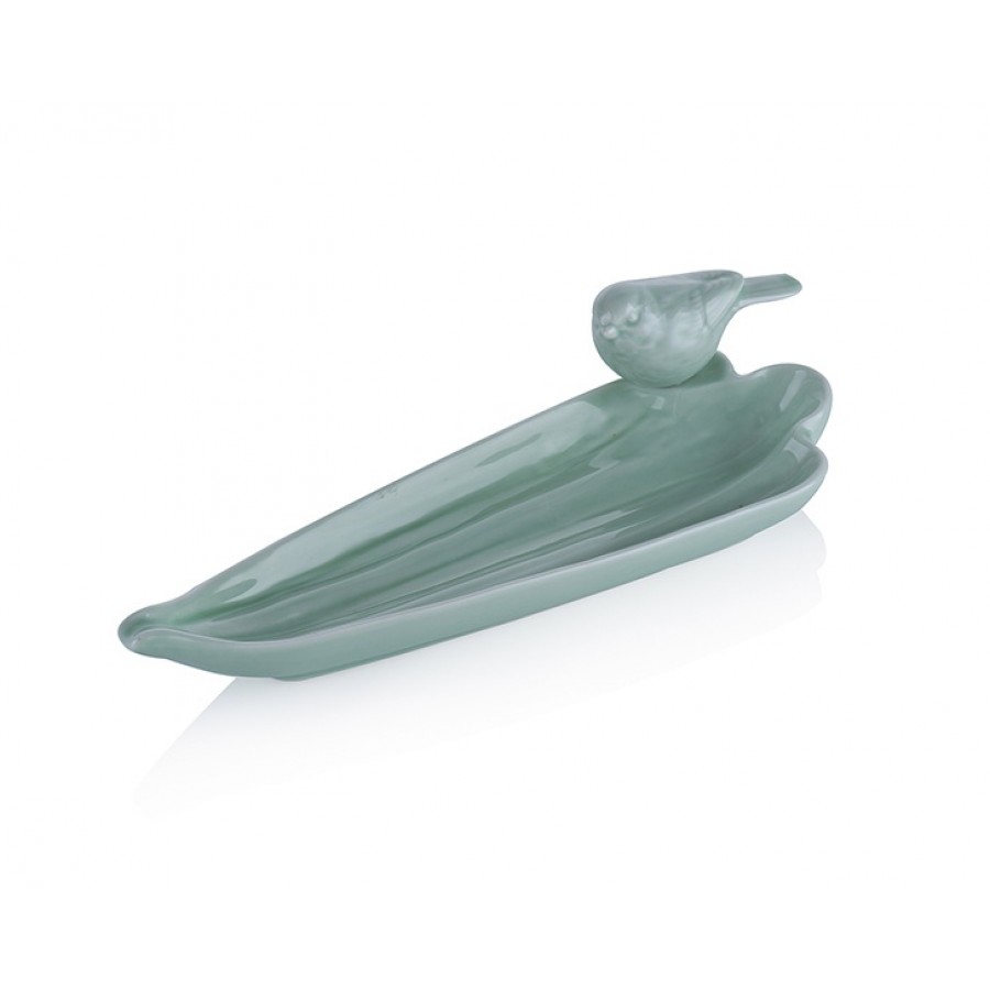 M66-177 - Yeşil Sivri  Yaprak Şeklinde Kuşlu Çerezlik 24cm