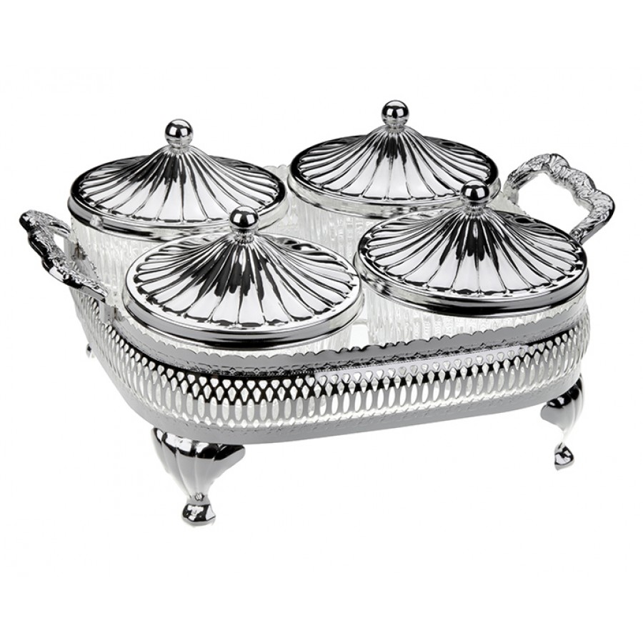 PR04-1021 - Gümüş-Cam 4lü Sunum Tepsili Kapaklı Kase Set 27*21