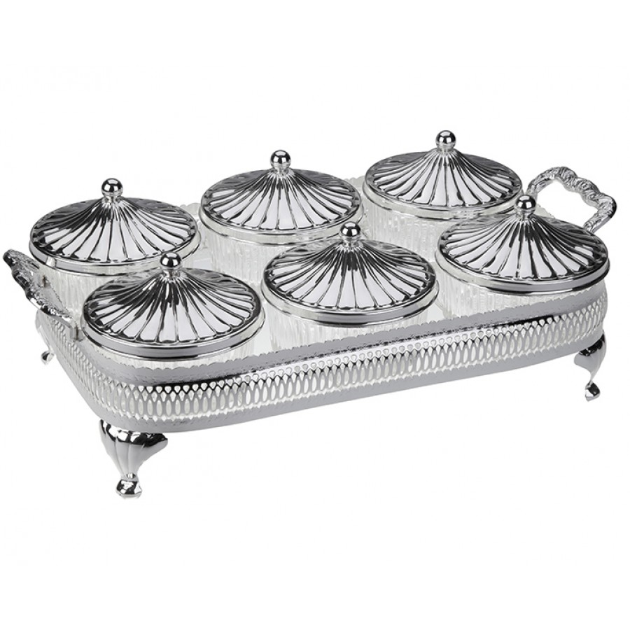 PR04-1022 - Gümüş-Cam 6lı Sunum Tepsili Kapaklı Kase Set 38*21