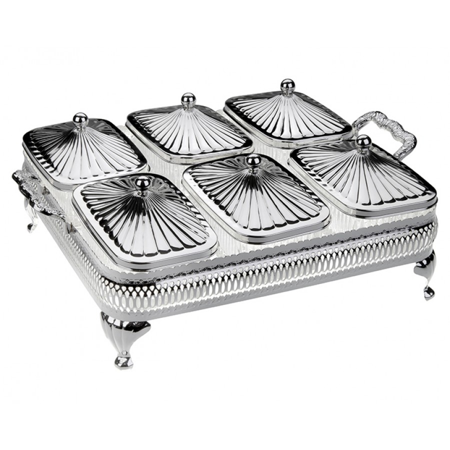 PR04-1025 - Gümüş-Cam 6lı Sunum Tepsili Kapaklı Kase Set 38*21