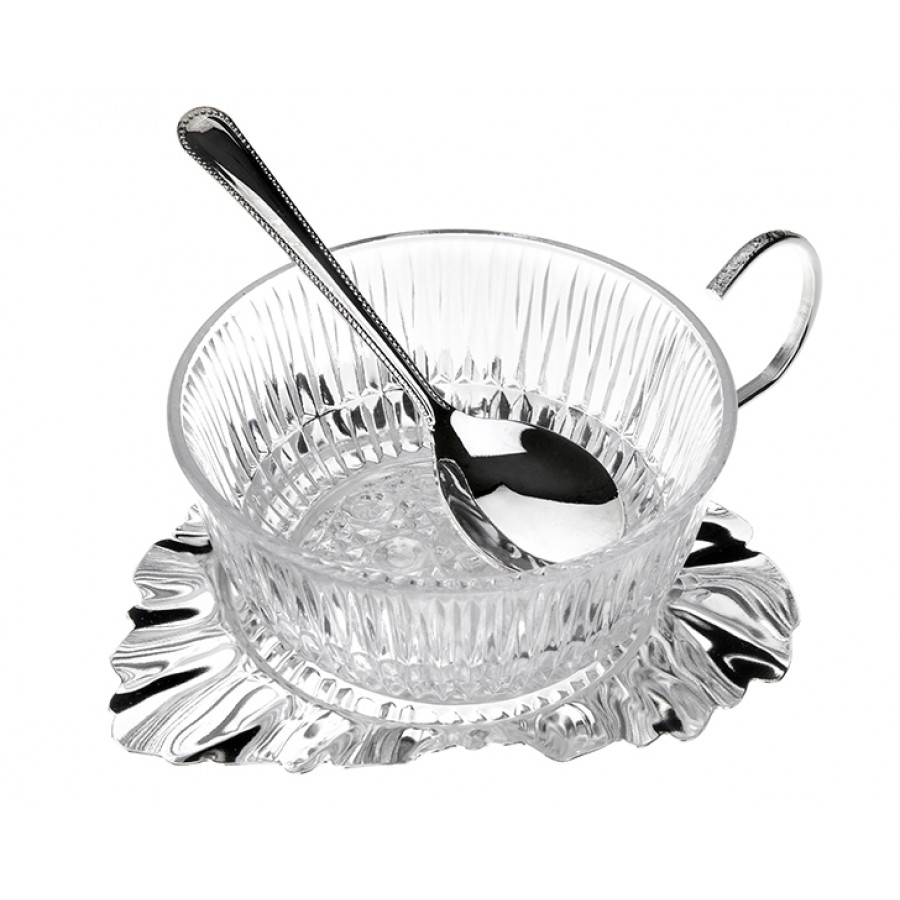 PR04-1053 - Gümüş Alt Tabaklı Kaşıklı Cam Reçellik 18*15