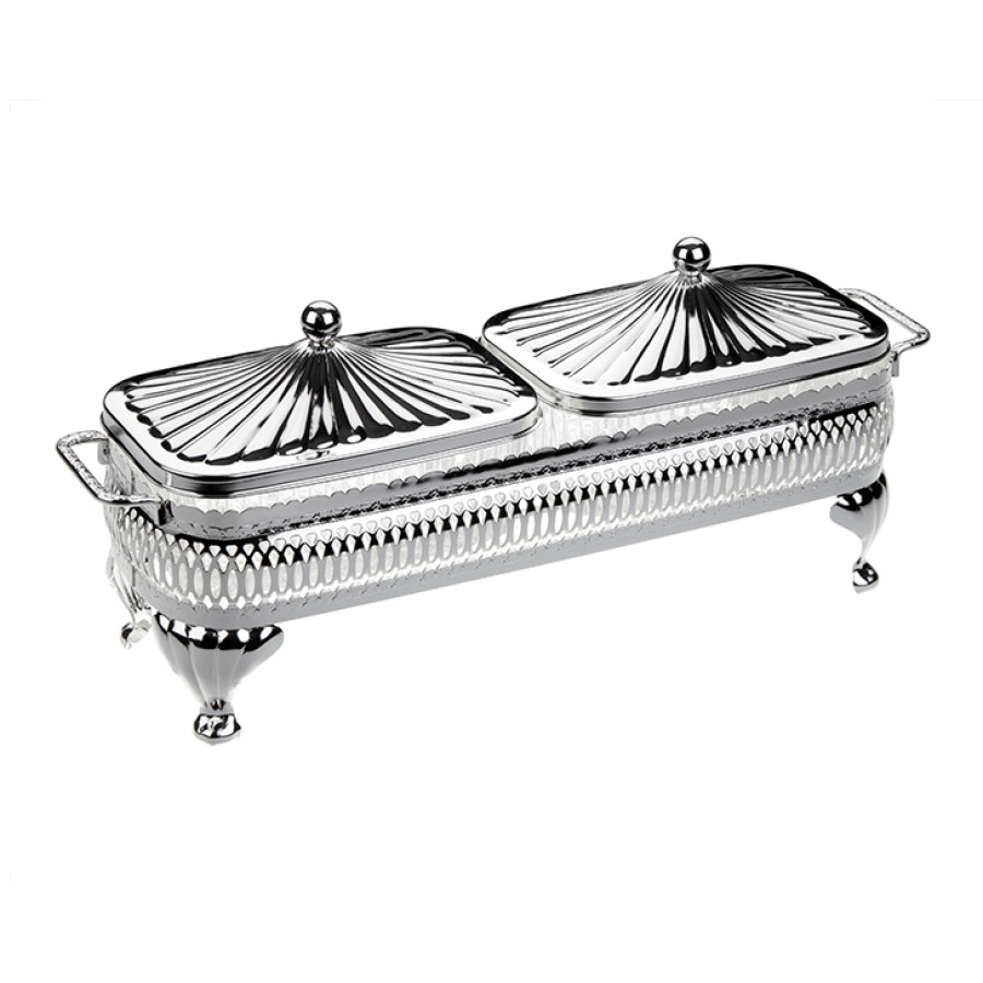 PR04-1058 - Gümüş-Cam 2li Sunum Tepsili Kapaklı Kase Set 30*9