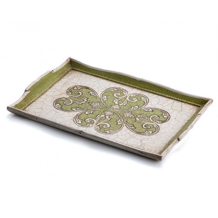 PR06-1010 - Motifli Yeşil-Krem Tepsi 26*38
