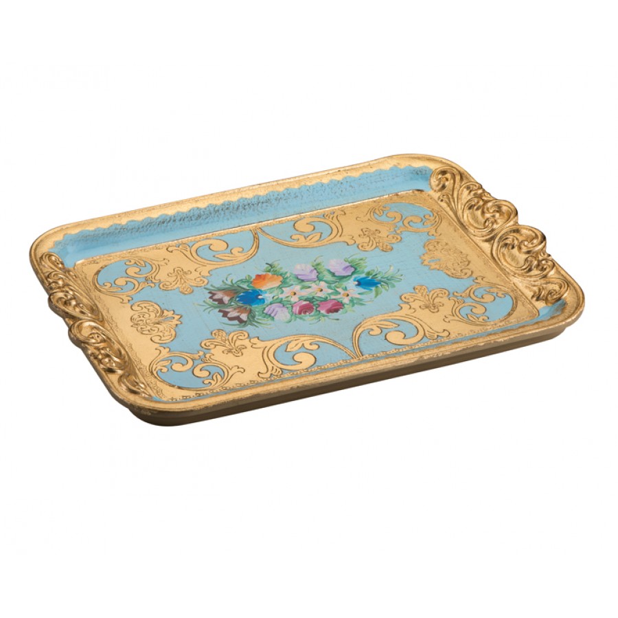 PR06-1042 - Altın Varaklı Çiçek Desenli Mavi Tepsi 32*45