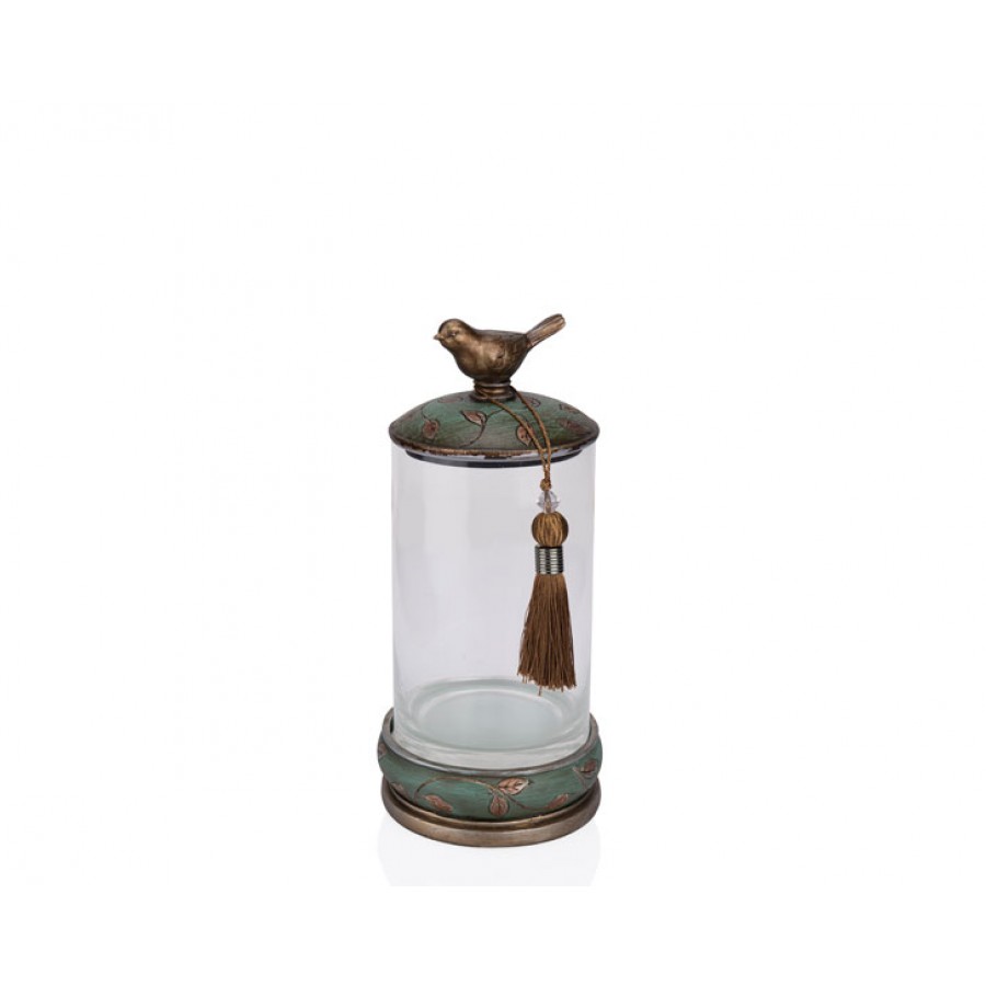 PR12-1048 - Kuşlu Yeşil Cam Dekoratif Kavanoz 15*15*32