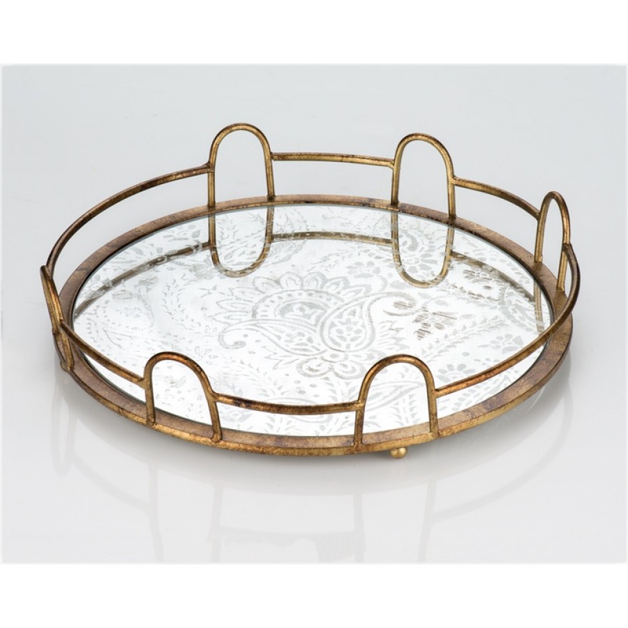 PR13-1013 - Eskitme Desen Aynalı Metal Yuvarlak Tepsi 38*38