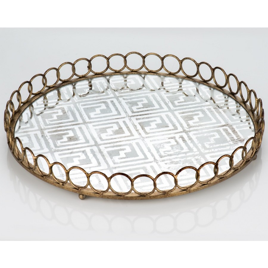 PR13-1015 - Eskitme Desen Aynalı Metal Yuvarlak Tepsi 46*46