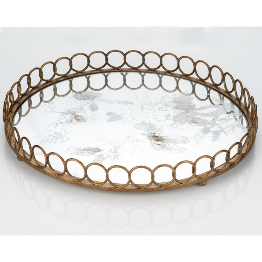 PR13-1017 - Eskitme Desen Aynalı Metal Yuvarlak Tepsi 46*46