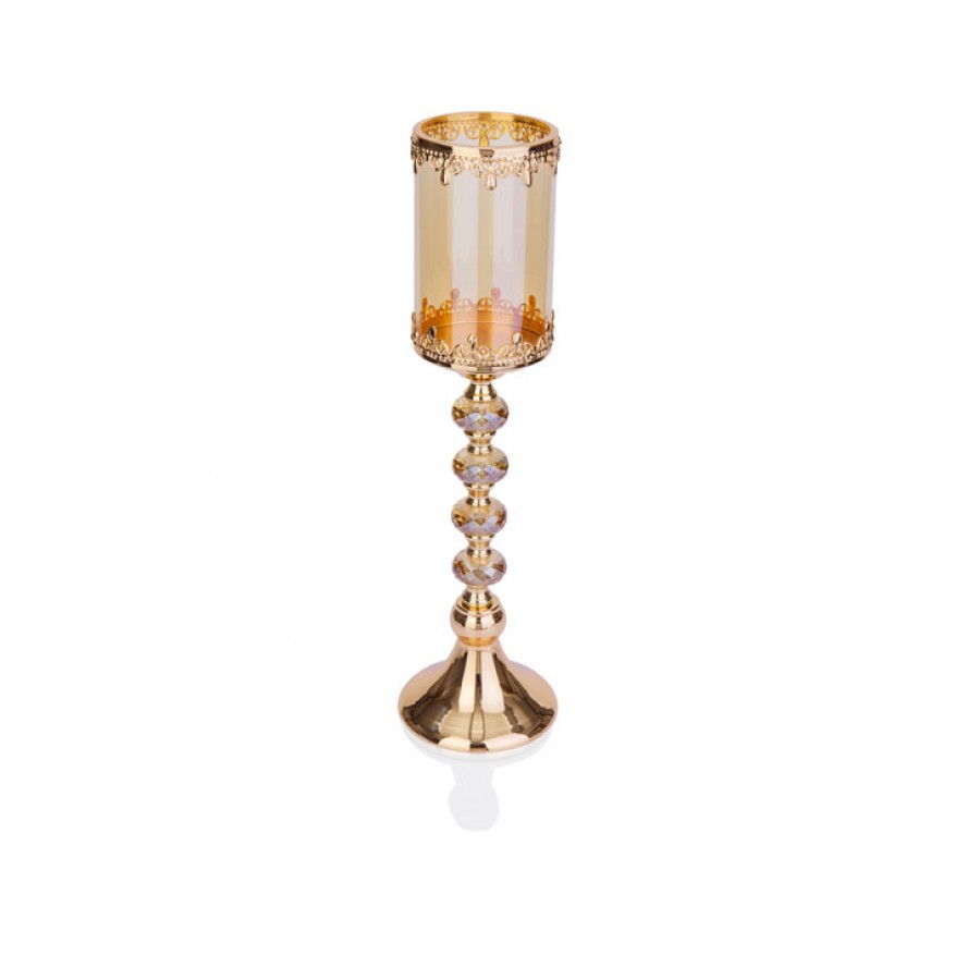 PR14-1059 - Altın İşleme Detaylı Amber Camlı Mumluk 13*13*45