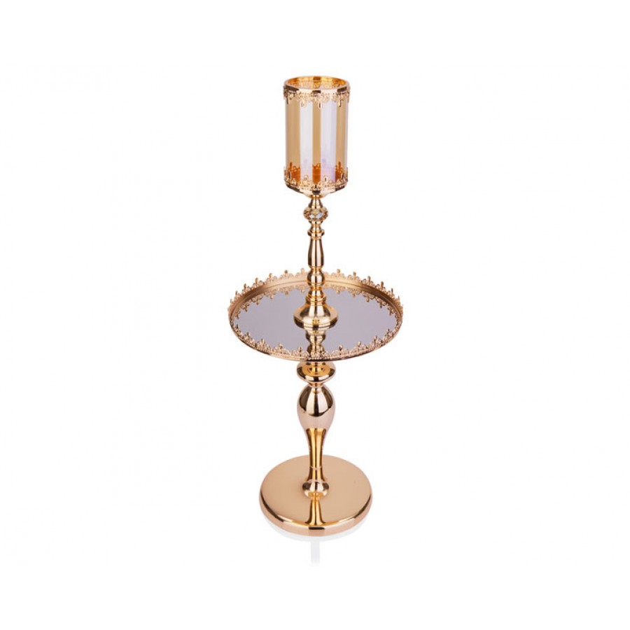 PR14-1060 - Altın İşlemeli Amber Cam Mumluk-Sunum 30*30*80