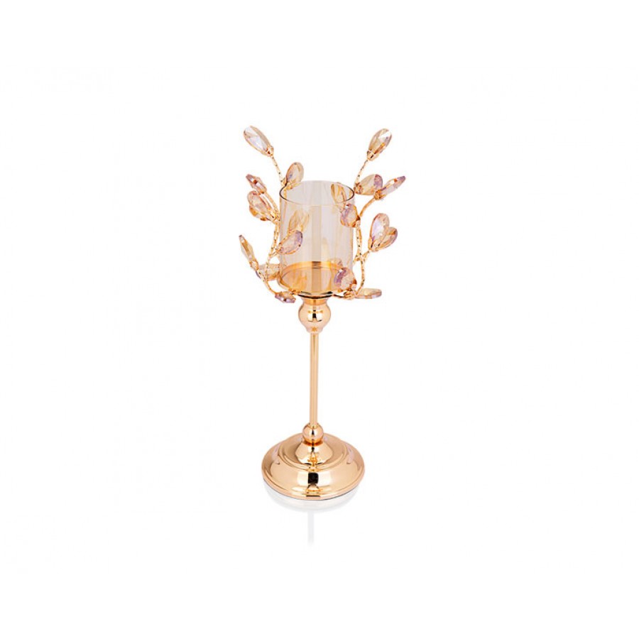 PR14-1066 - Altın Kristal Şekilli Amber Camlı Mumluk 16*16*39