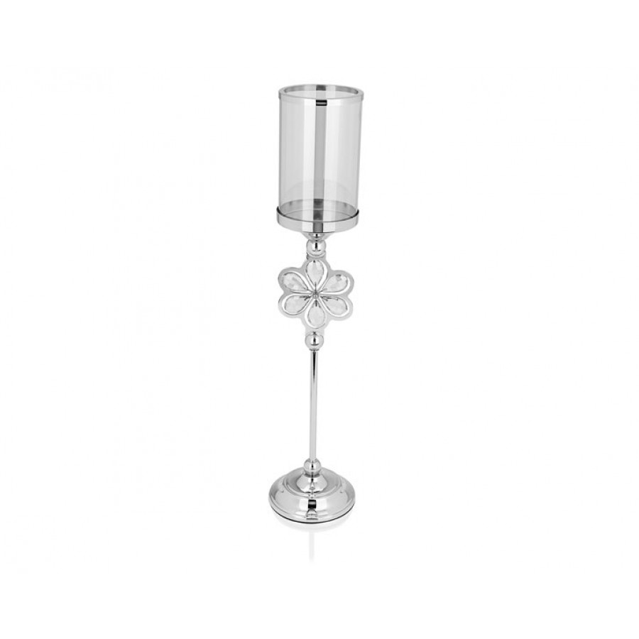 PR14-1086 - Gümüş Çiçek Detaylı Amber Camlı Mumluk 12*12*57