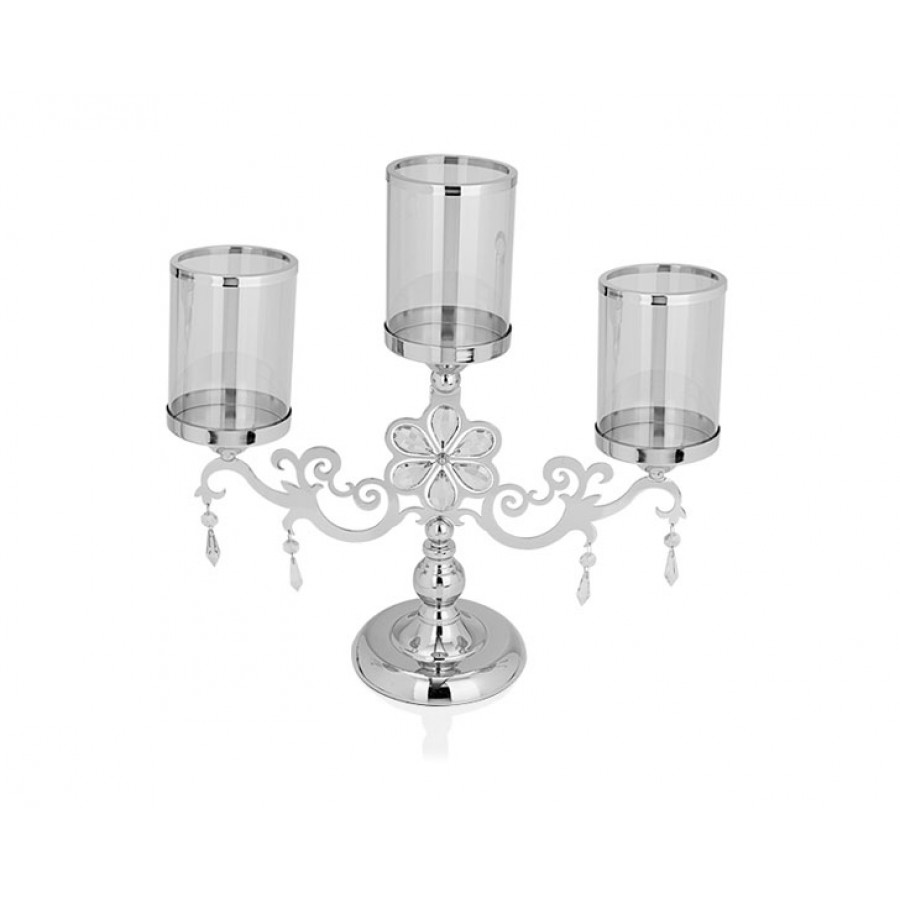 PR14-1093 - Gümüş Çiçek Detaylı Amber Cam 3lü Mumluk 46*15*46