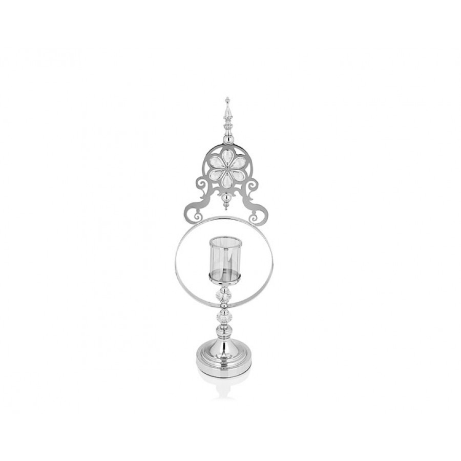 PR14-1095 - Gümüş Çiçek Detaylı Amber Camlı Mumluk 15*25*70