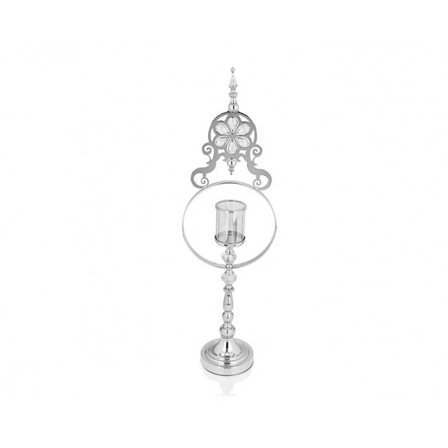 PR14-1096 - Gümüş Çiçek Detaylı Amber Camlı Mumluk 15*25*82
