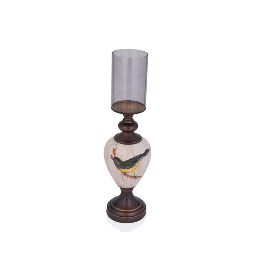 PR29-1001 - Kuş Desenli Krem Rengi Üstü Cam Mumluk 14*52