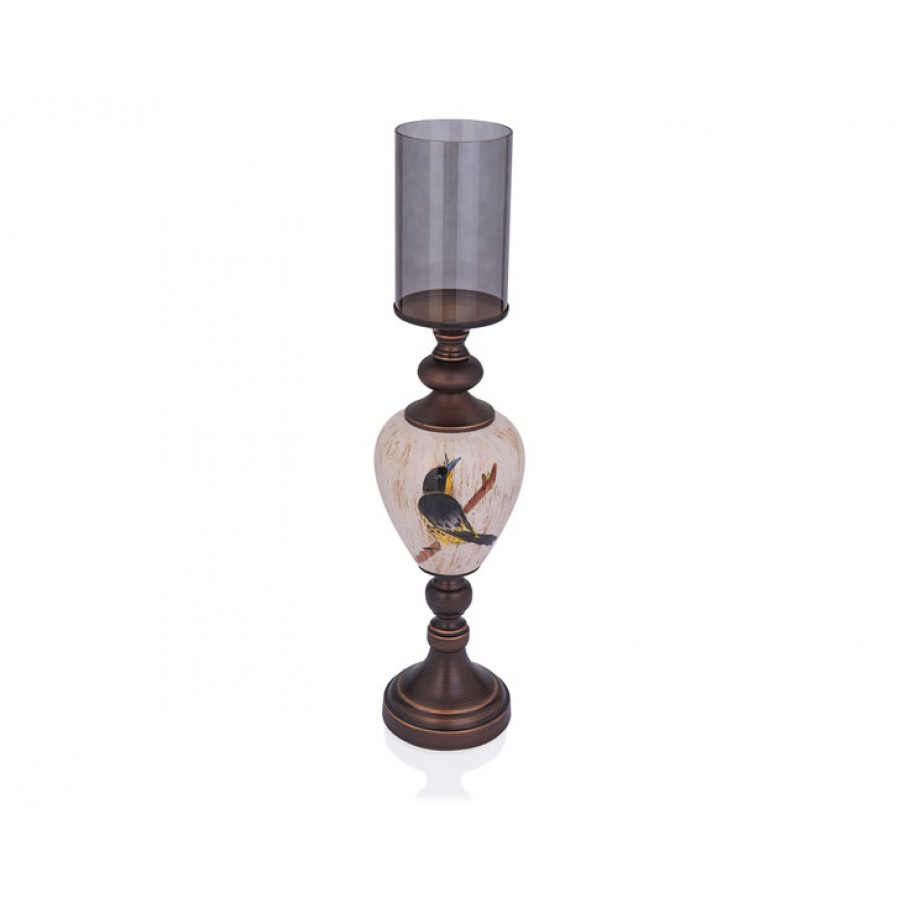 PR29-1002 - Kuş Desenli Krem Rengi Üstü Cam Mumluk 14*59