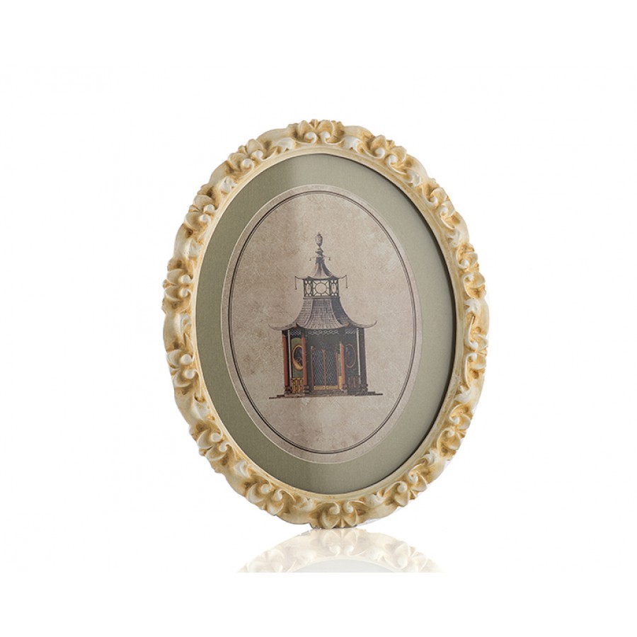 PR30-1070 - Krem Çerçeveli Ev Resimli Oval Pano 30*24