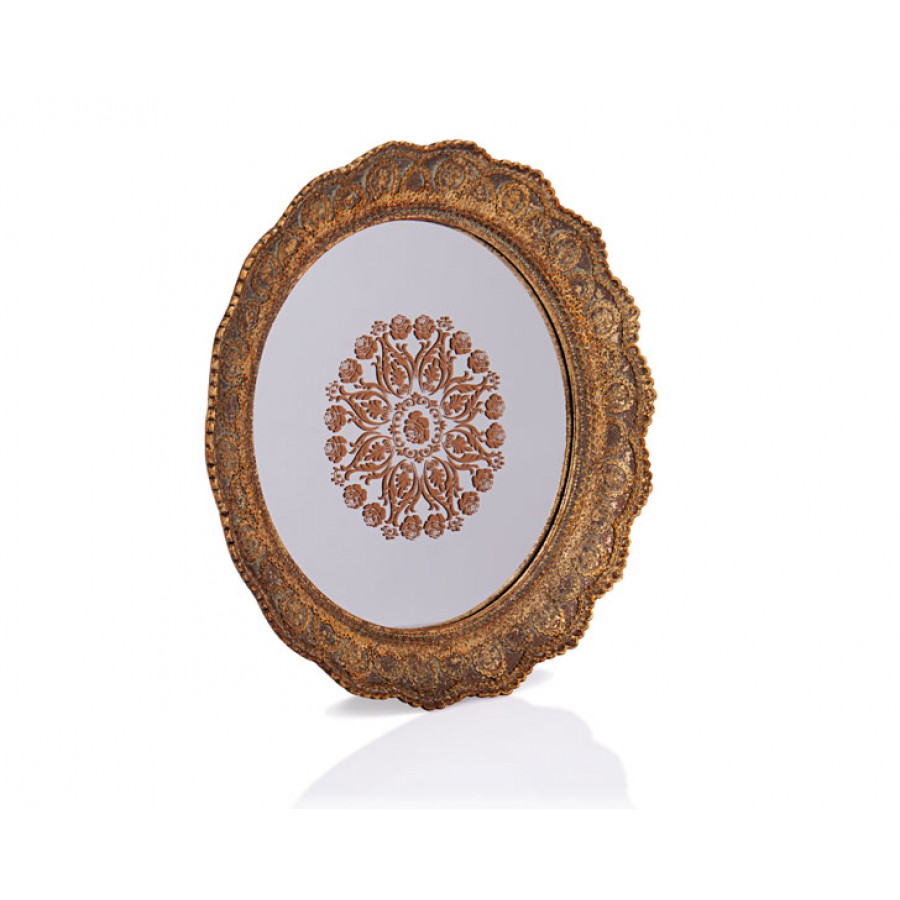 PR32-1047 - Altın Dantel İşlemeli Yuvarlak Aynalı Tepsi 40*40