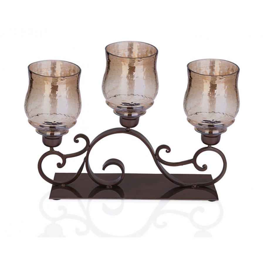 PR37-1001 - Kahverengi Metal Üstü Cam 3lü Mumluk 44*13*34