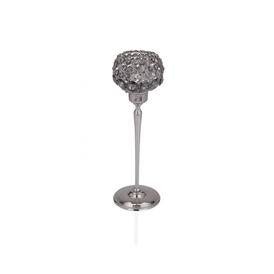 PR37-1020 - Gümüş Füme Kristalli Yuvarlak Mumluk 13*13*44