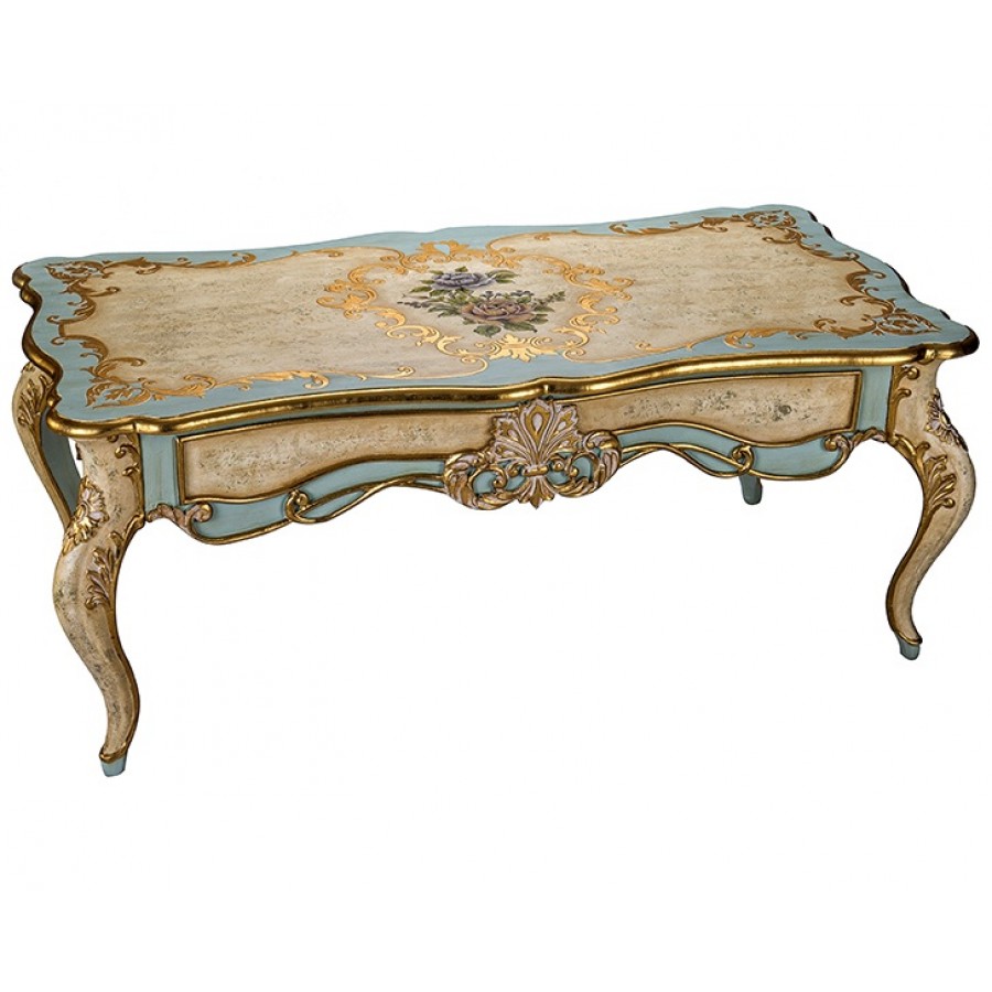 PR58-1014 - Altın-Turkuaz Çiçek Desenli Orta Sehpa 61*122