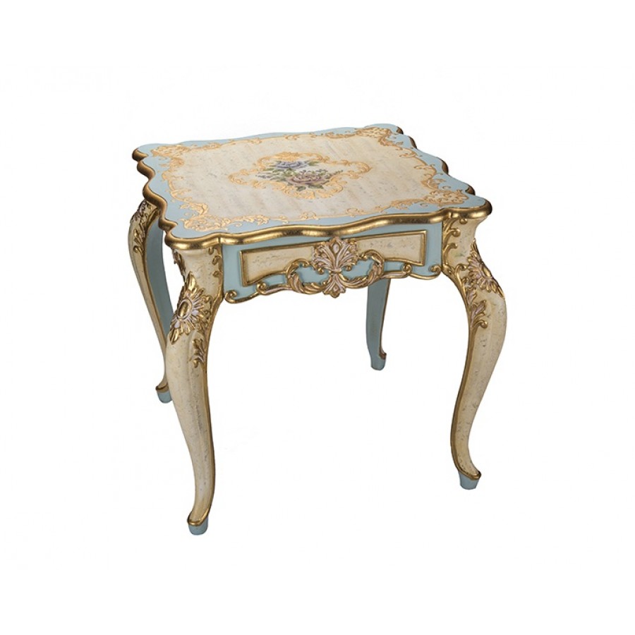 PR58-1015 - Altın-Turkuaz Çiçek Desenli Yan Sehpa 63*63