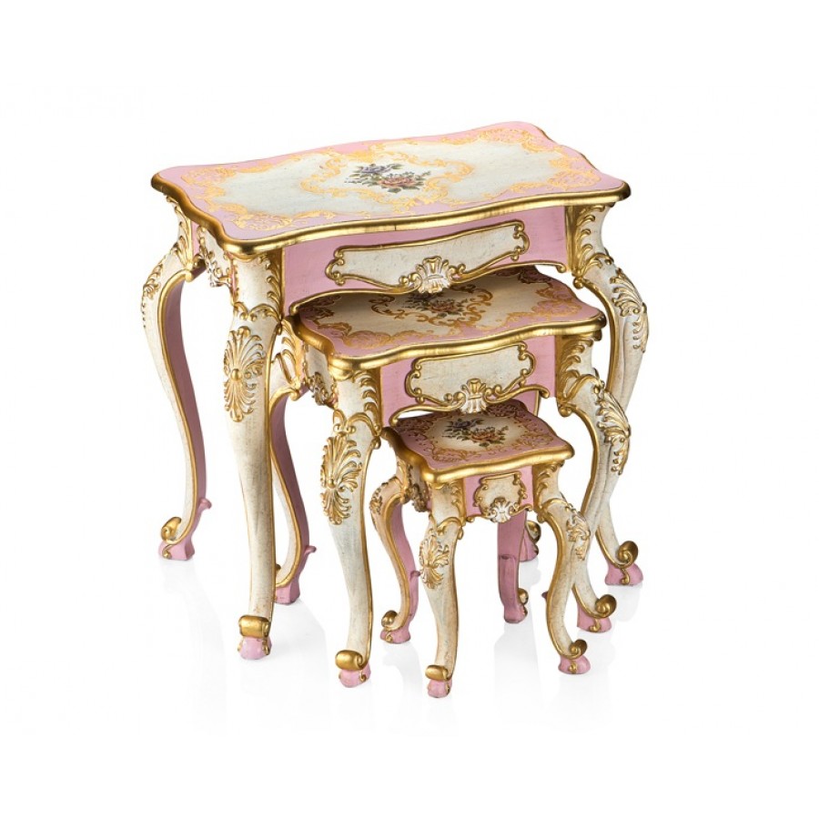 PR58-1035 - Altın-Pembe Çiçek Desenli 3lü Zigon Sehpa 65*66