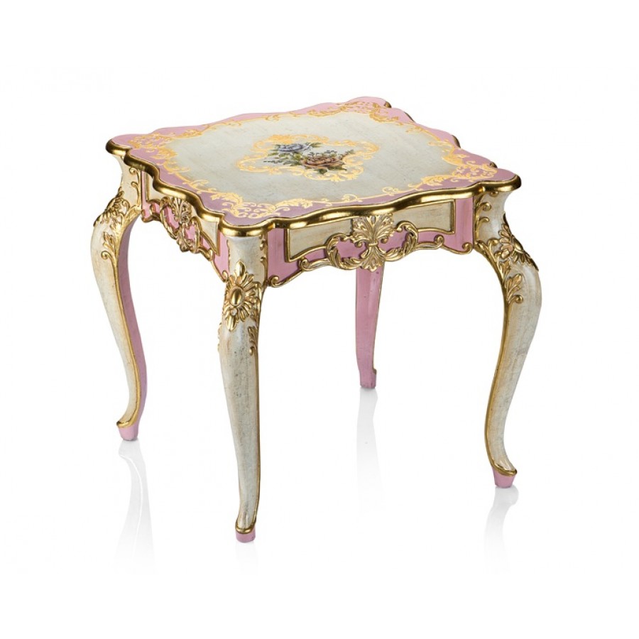 PR58-1038 - Altın-Pembe Çiçek Desenli Yan Sehpa 63*63