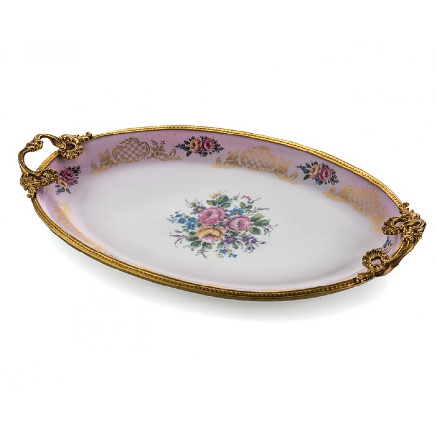 PR68-1019 - Altın Kulplu Gül Desn Pembe Oval O.boy Tepsi 39*23
