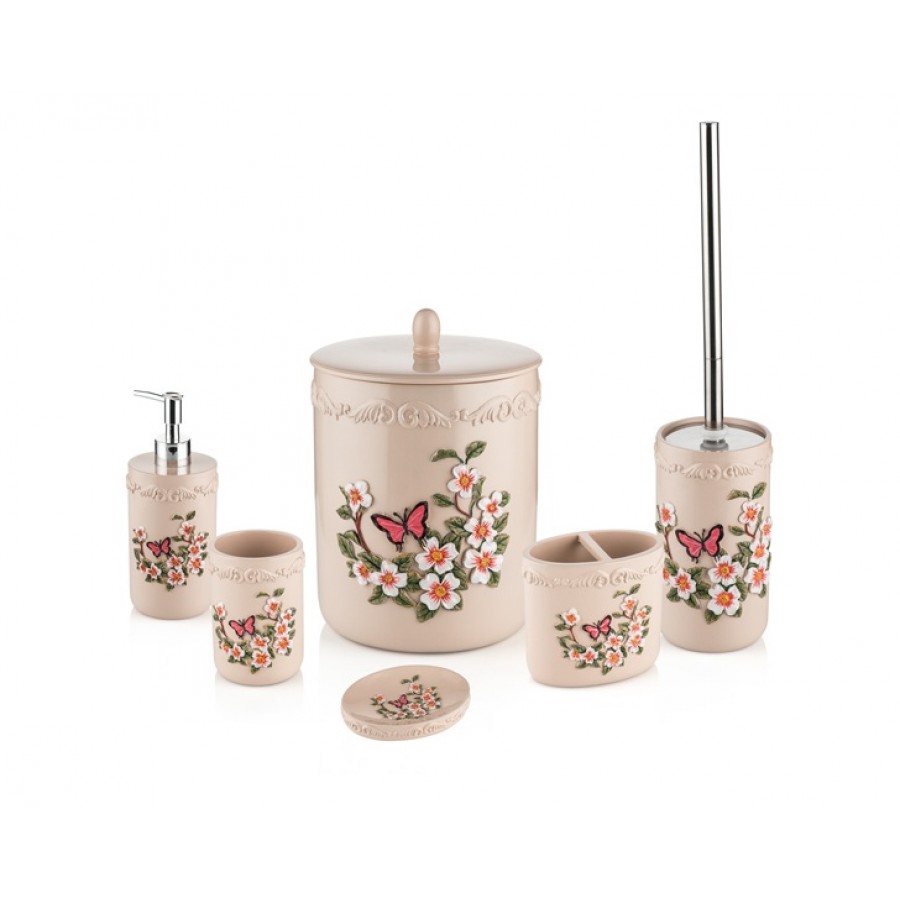 PR79-1005 - Krem Kelebek Desenli 6lı Banyo Seti